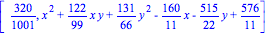 [320/1001, x^2+122/99*x*y+131/66*y^2-160/11*x-515/22*y+576/11]
